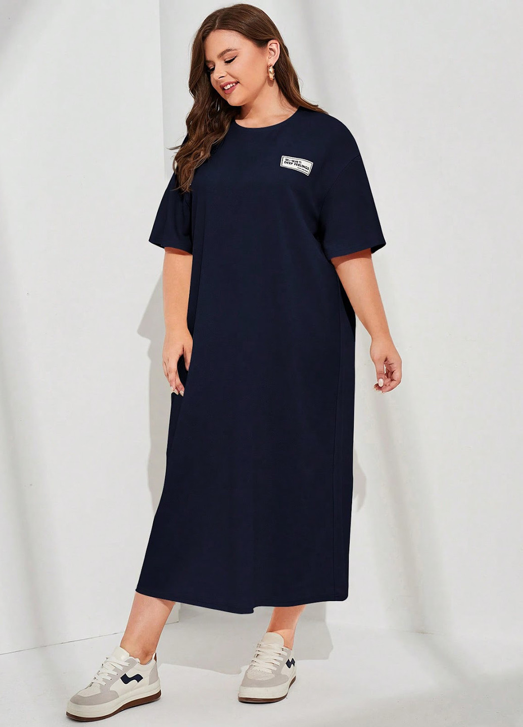 Темно-синее кэжуал платье платье-футболка, а-силуэт SHEIN с надписью