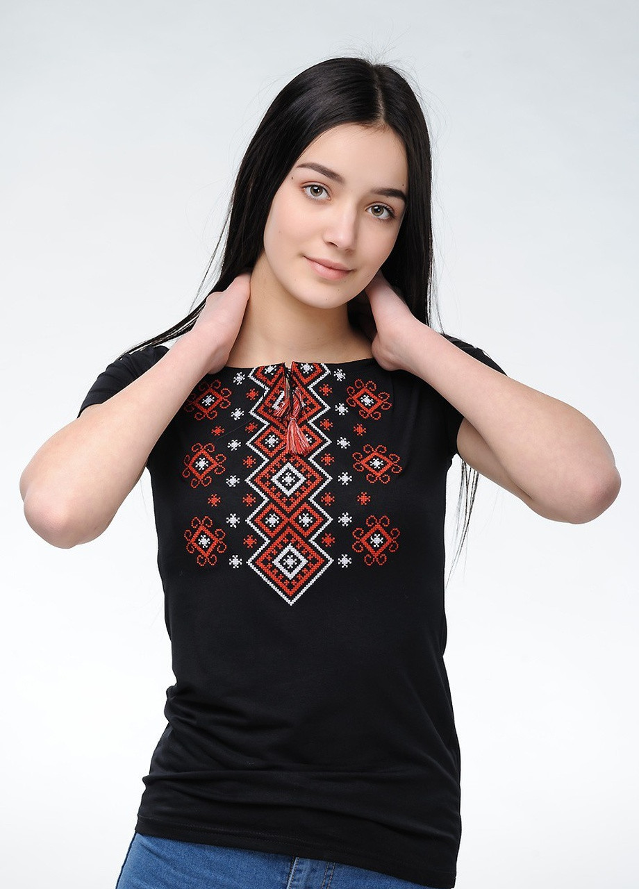 Жіноча вишита футболка Карпатський орнамент чорна з червоним Melanika (250206182)