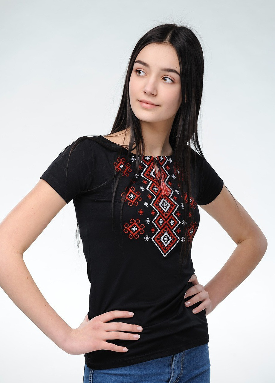 Женская вышитая футболка Карпатский орнамент черная с красным Melanika (250206182)