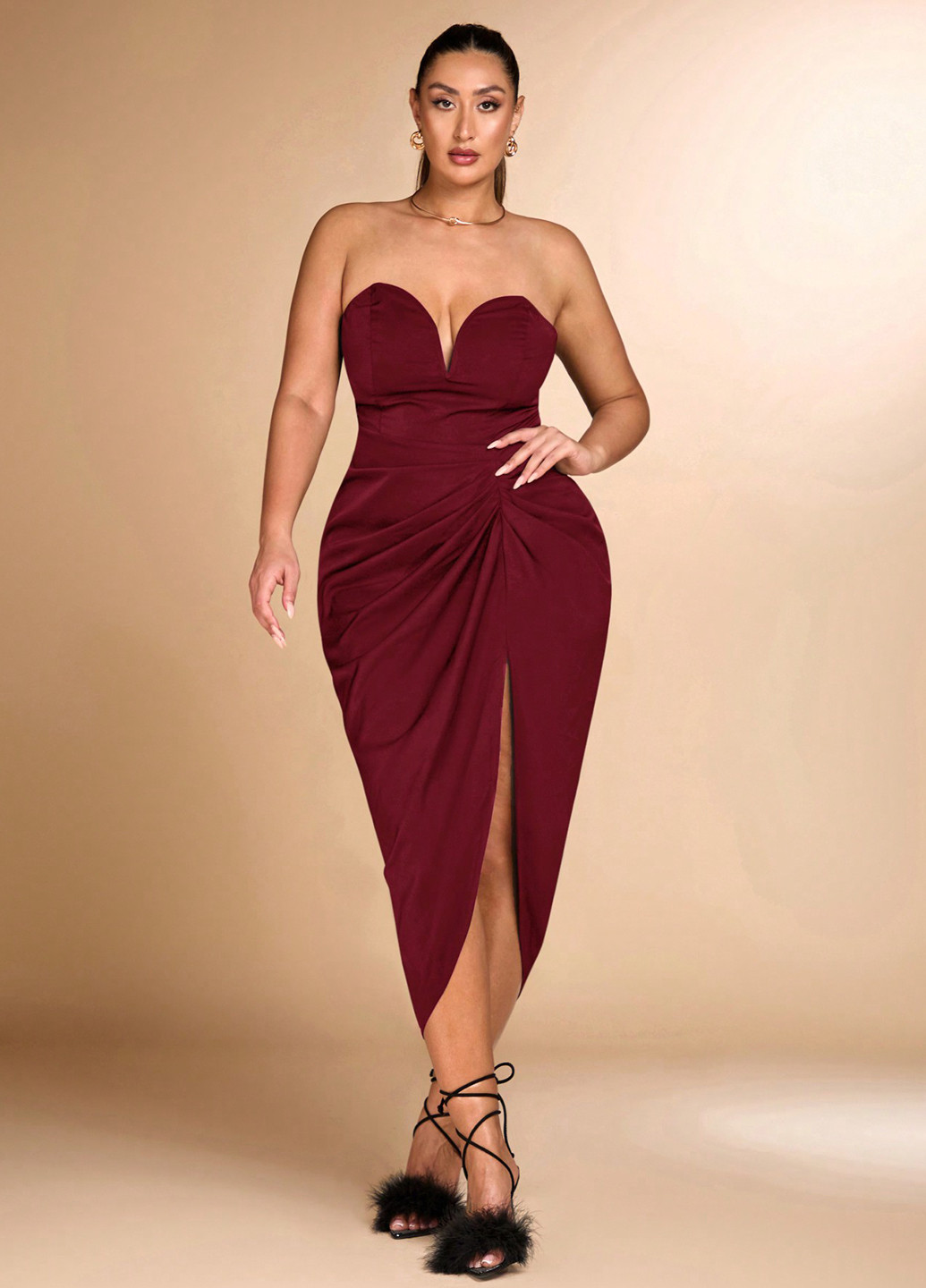 Бордова вечірня сукня з відкритими плечима SHEIN однотонна