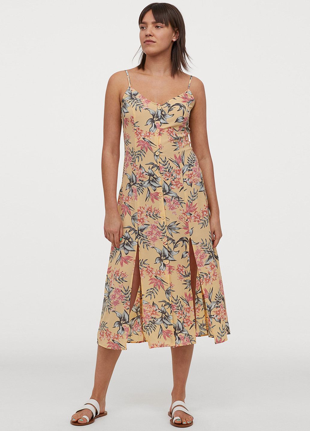 Бежевое кэжуал платье а-силуэт H&M с цветочным принтом