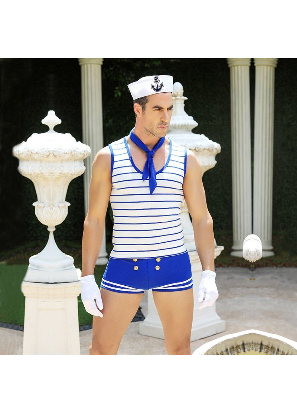 Комбинированный демисезонный мужской эротический костюм морячка изголодавшийся робин s/m: шорты, майка, перчатки, платок, шапочка с шортами JSY