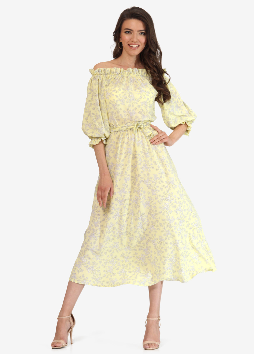 Світло-жовтий кежуал плаття, сукня з відкритими плечима, кльош Lila Kass з квітковим принтом