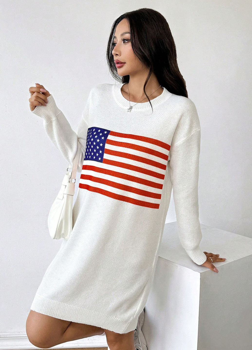 Білий кежуал сукня сукня светр SHEIN американський прапор