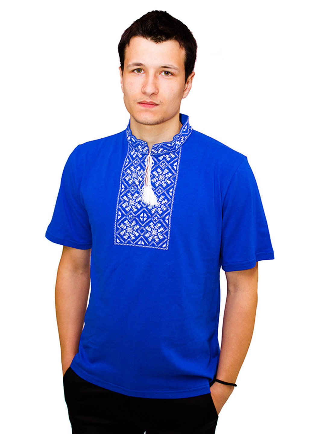 Синяя кэжуал рубашка ЕтноМодерн с коротким рукавом
