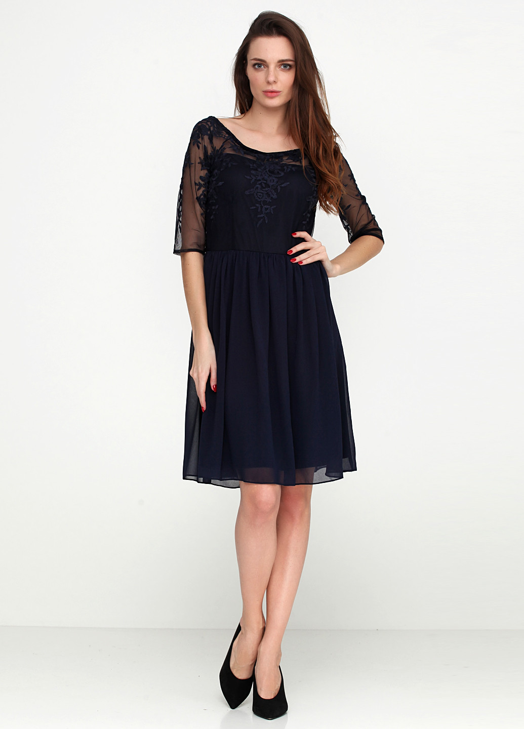 Темно-синее вечернее платье с длинным рукавом Esprit
