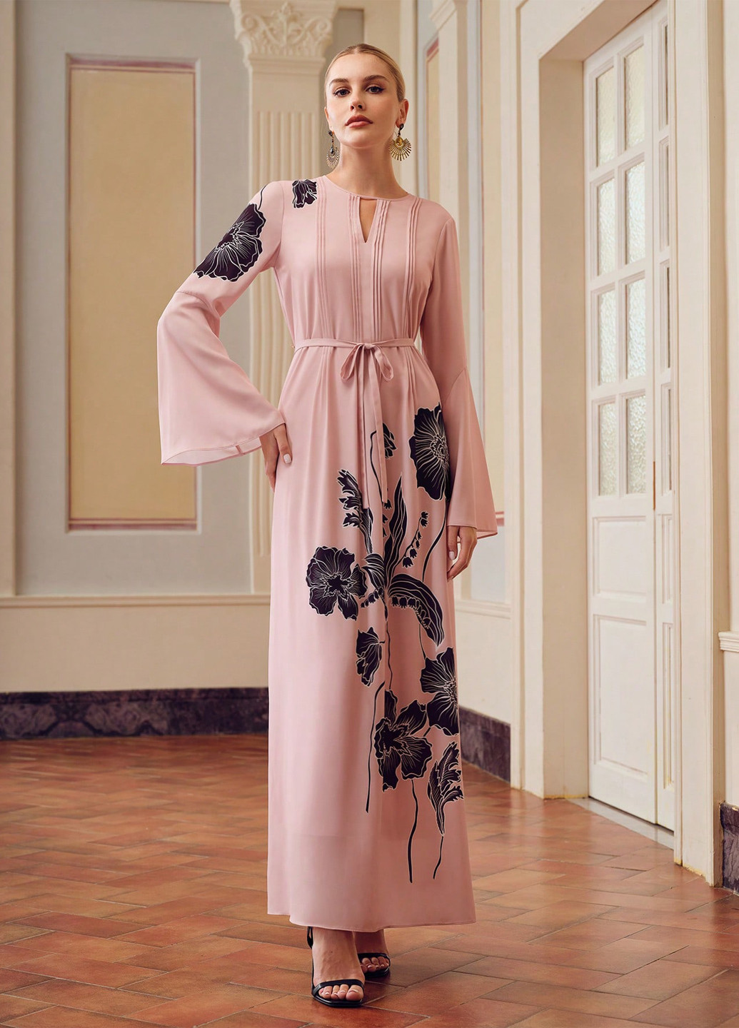 Розовое вечернее, кэжуал платье с юбкой-солнце SHEIN с цветочным принтом