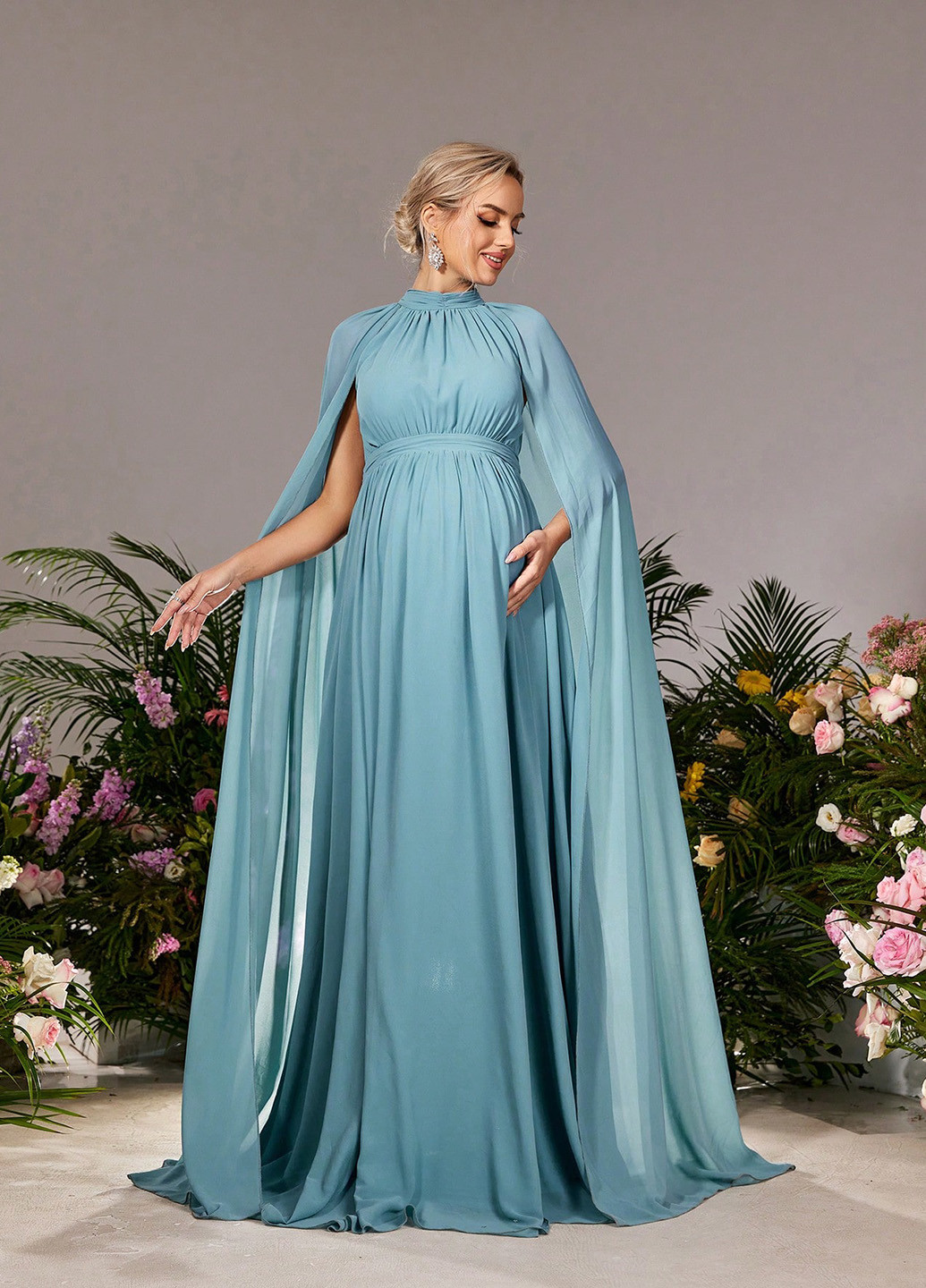 Блакитна вечірня плаття для вагітних з спідницею-сонце, сукня-кейп, в стилі армпір SHEIN однотонна