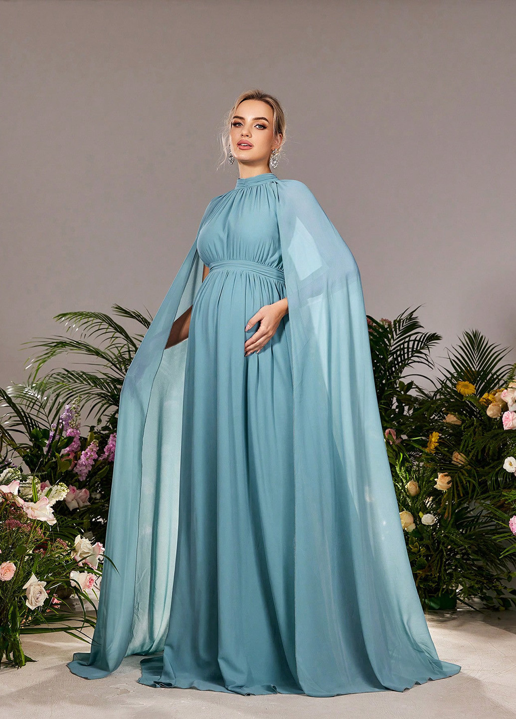Блакитна вечірня плаття для вагітних з спідницею-сонце, сукня-кейп, в стилі армпір SHEIN однотонна
