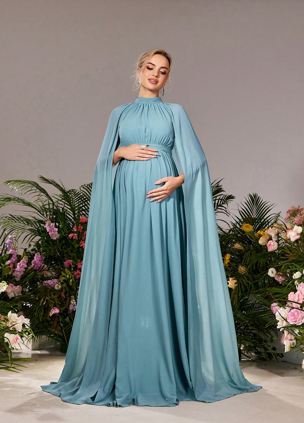 Блакитна вечірня плаття для вагітних з спідницею-сонце, сукня-кейп, в стилі армпір SHEIN однотонна