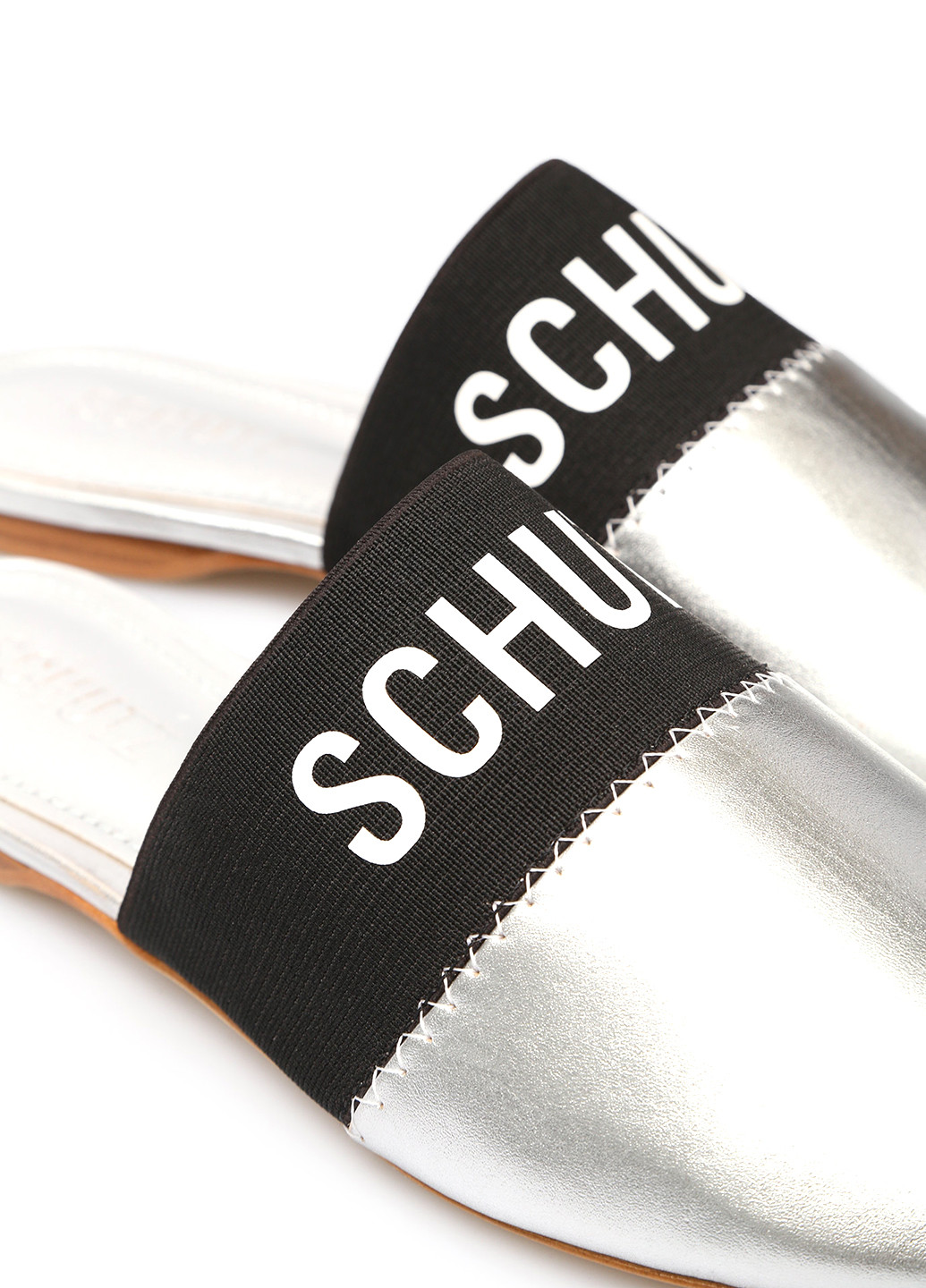 Серебряные мюли Schutz с логотипом на низком каблуке