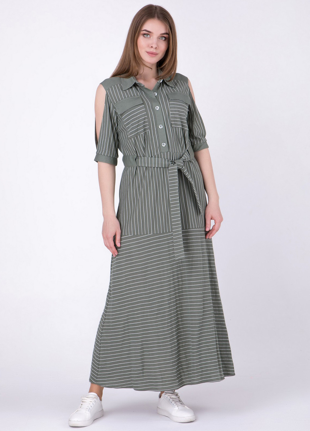 Оливковое (хаки) кэжуал платье рубашка RicaMare в полоску