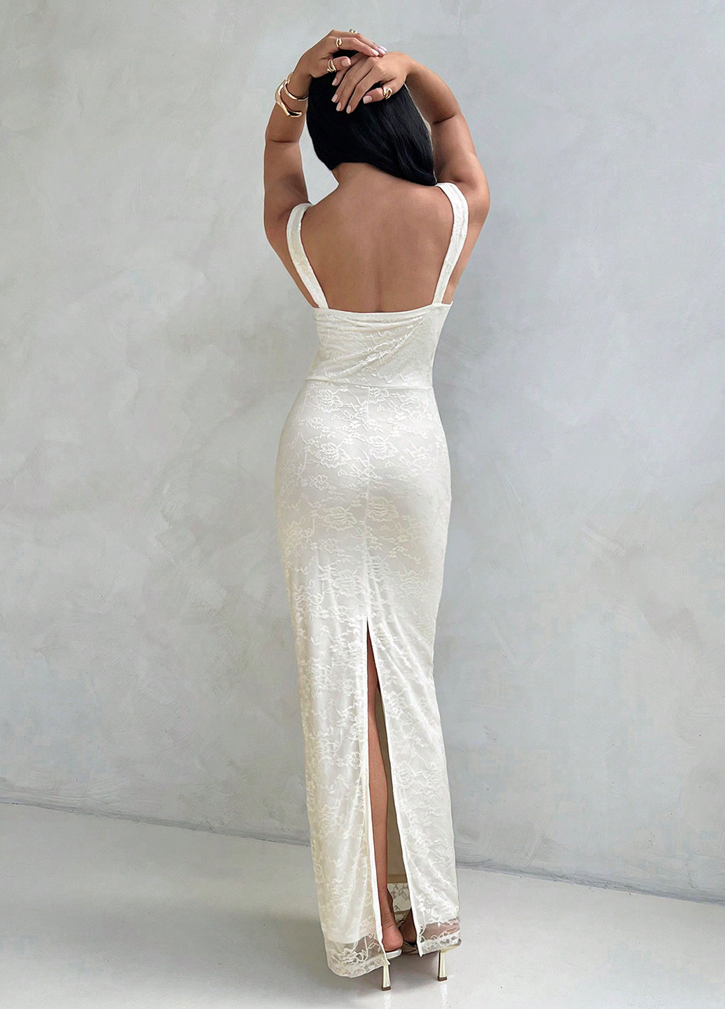 Кремовое праздничный, вечернее платье а-силуэт, футляр, с открытой спиной SHEIN однотонное