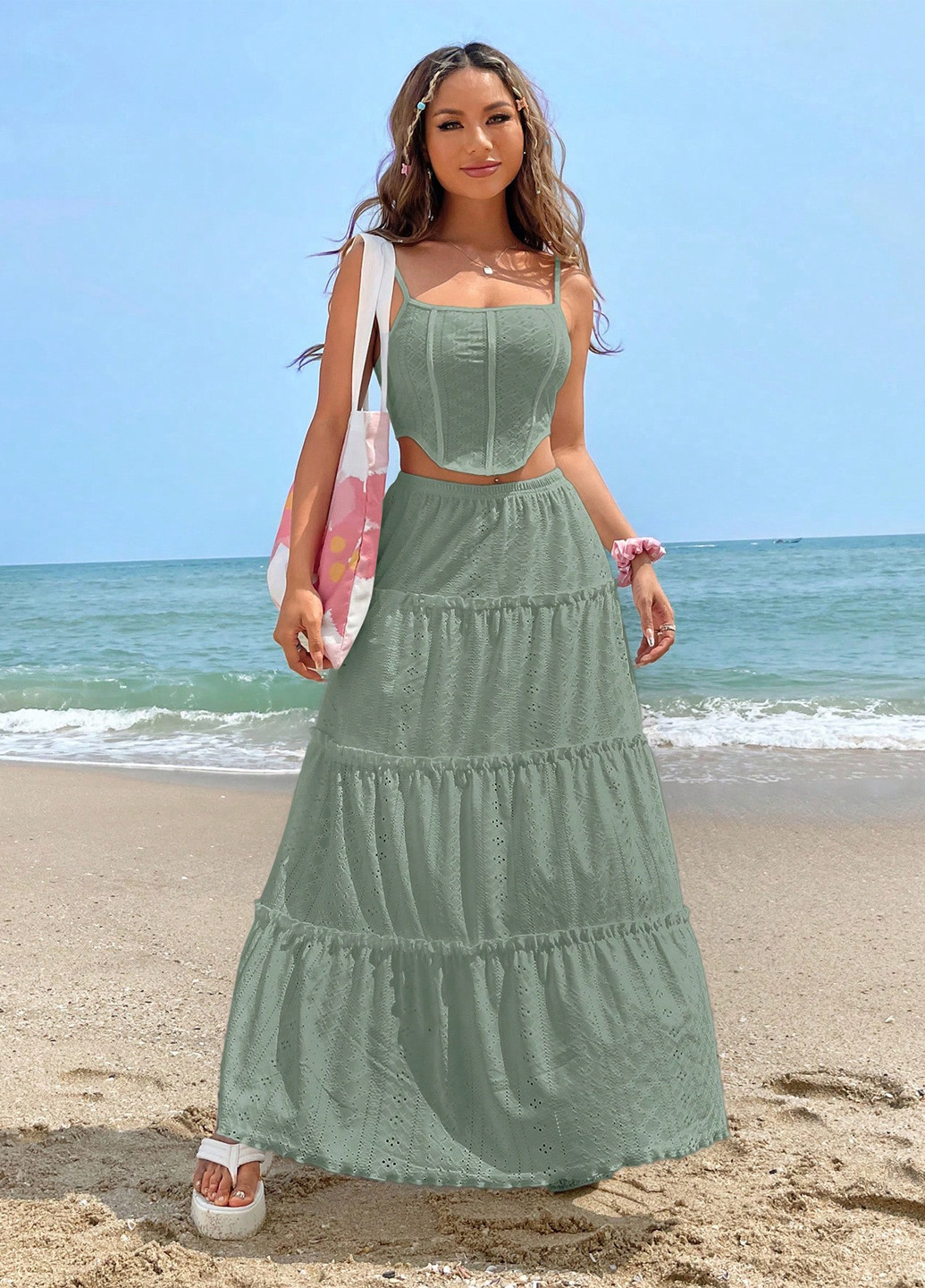 Мятная кэжуал однотонная юбка SHEIN клешированная, а-силуэта (трапеция)