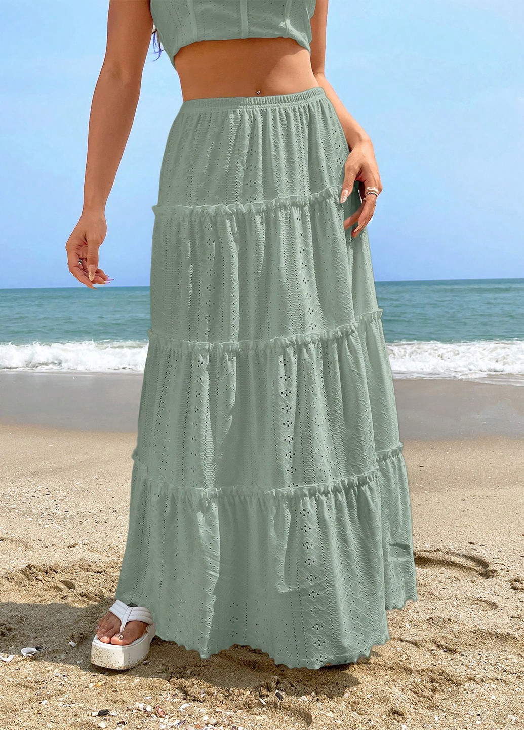 Мятная кэжуал однотонная юбка SHEIN клешированная, а-силуэта (трапеция)