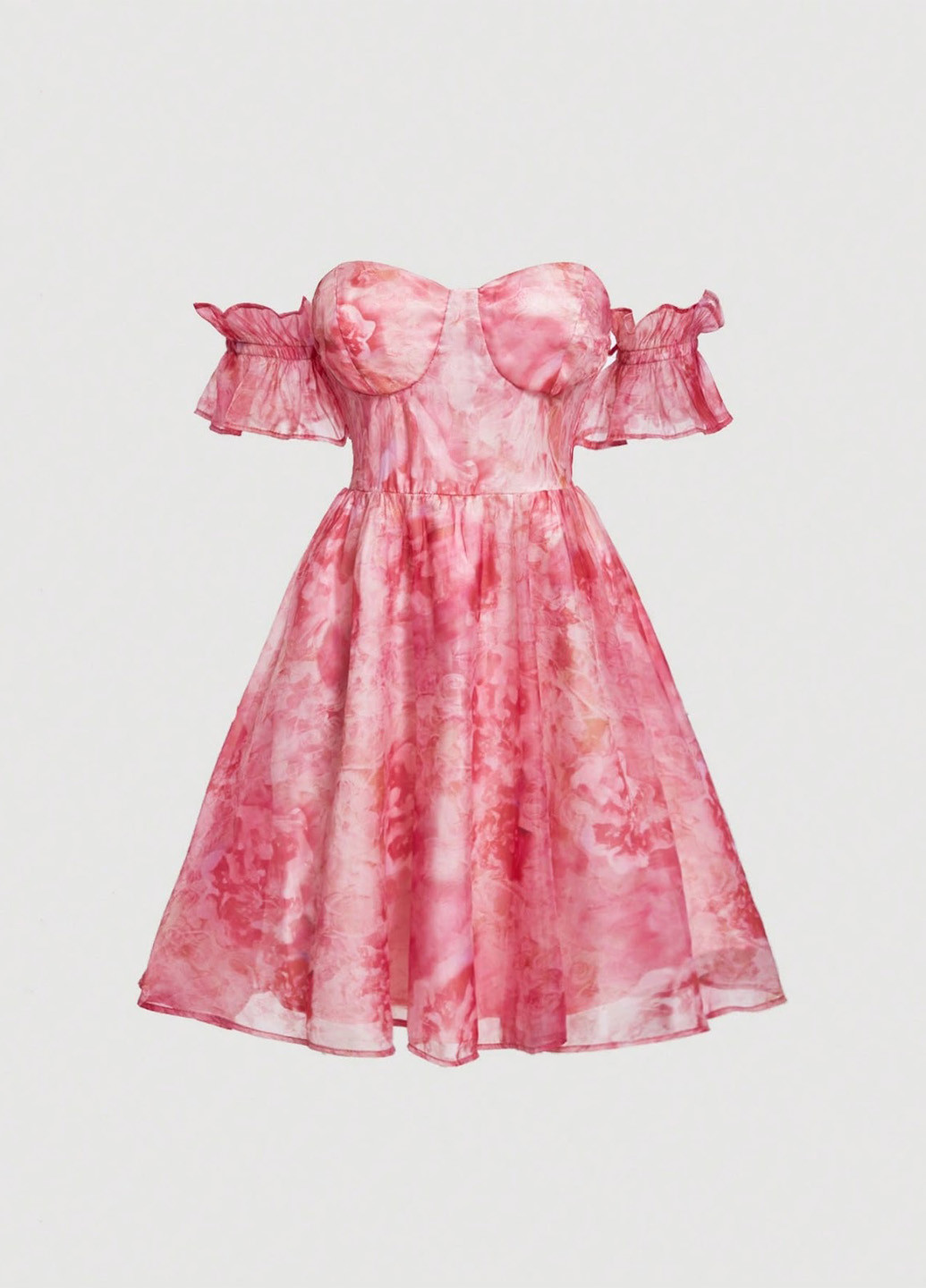 Розовое кэжуал платье с открытыми плечами, клеш SHEIN с цветочным принтом