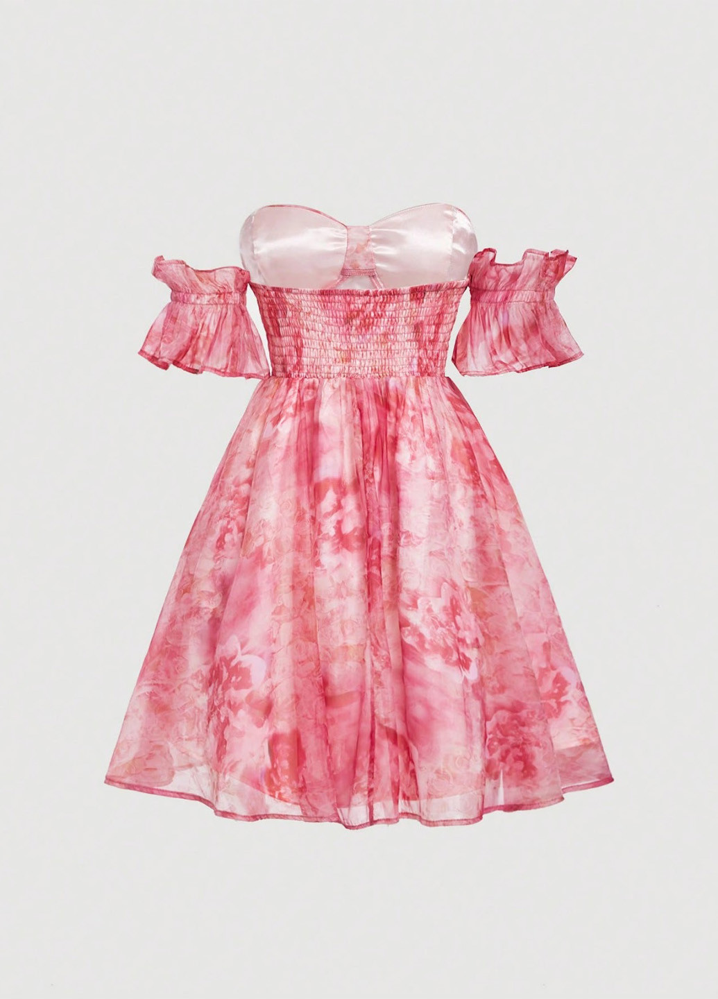 Розовое кэжуал платье с открытыми плечами, клеш SHEIN с цветочным принтом