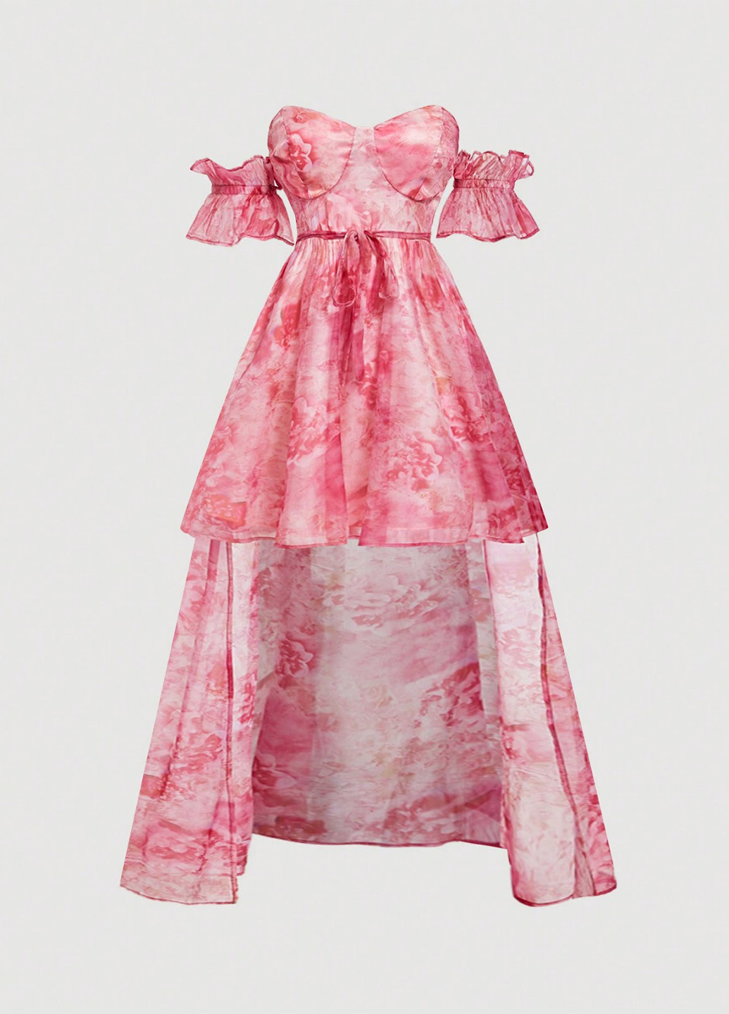 Розовое кэжуал платье с открытыми плечами, клеш SHEIN с цветочным принтом