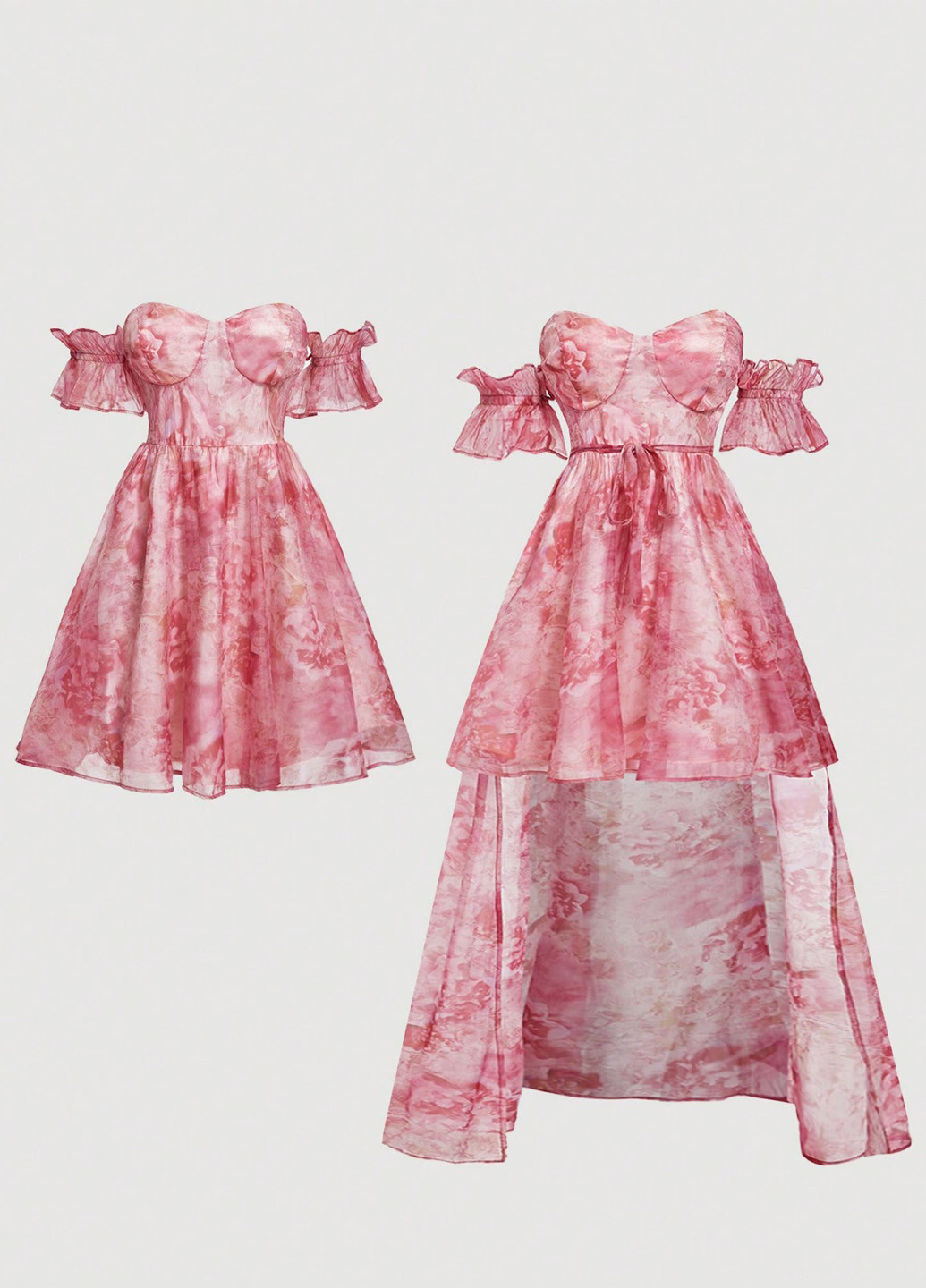 Розовое кэжуал платье с открытыми плечами, клеш SHEIN с цветочным принтом