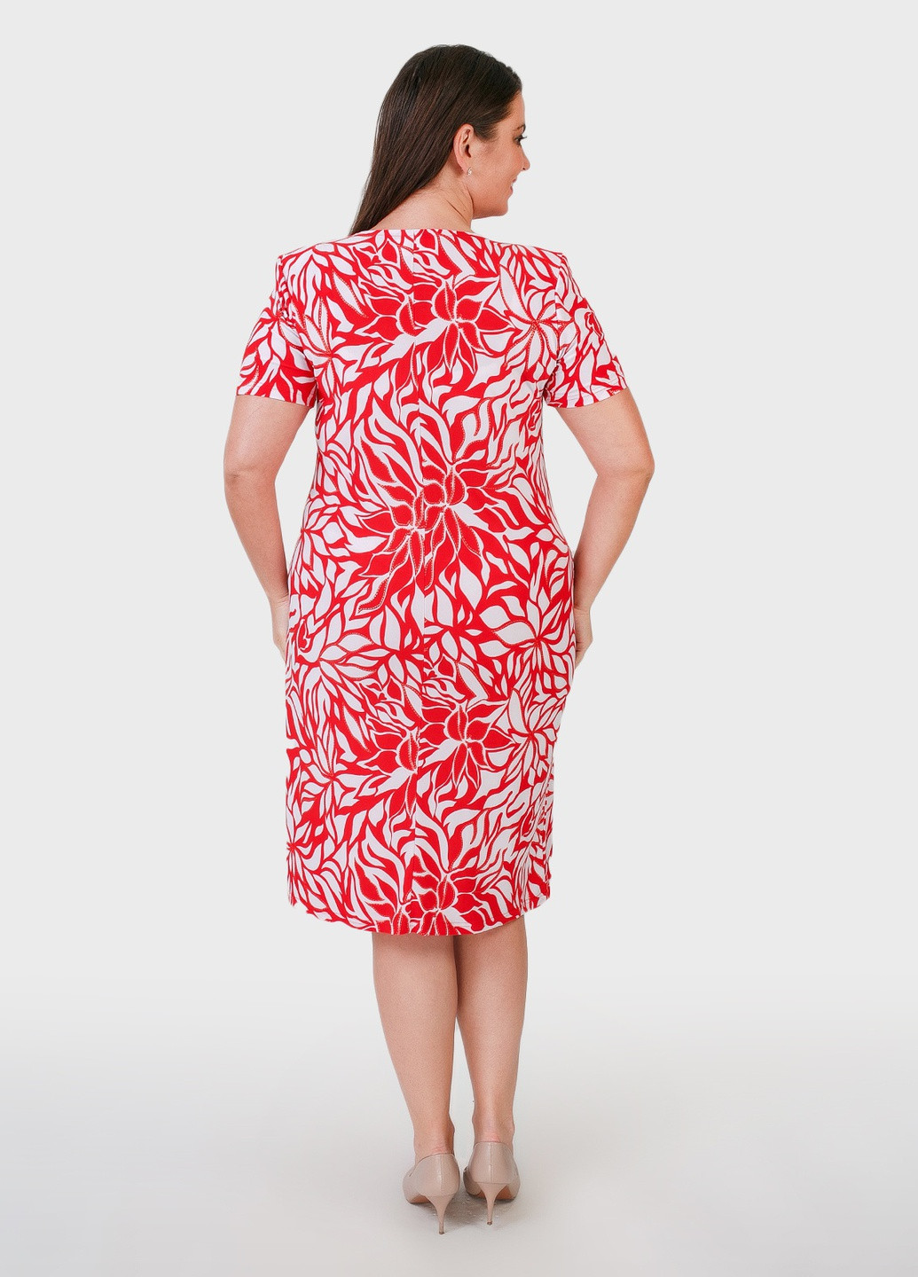 Красное кэжуал платье трикотажное с цветочным принтом красное + белый art 00050 BABOCHKA XL Collection с цветочным принтом