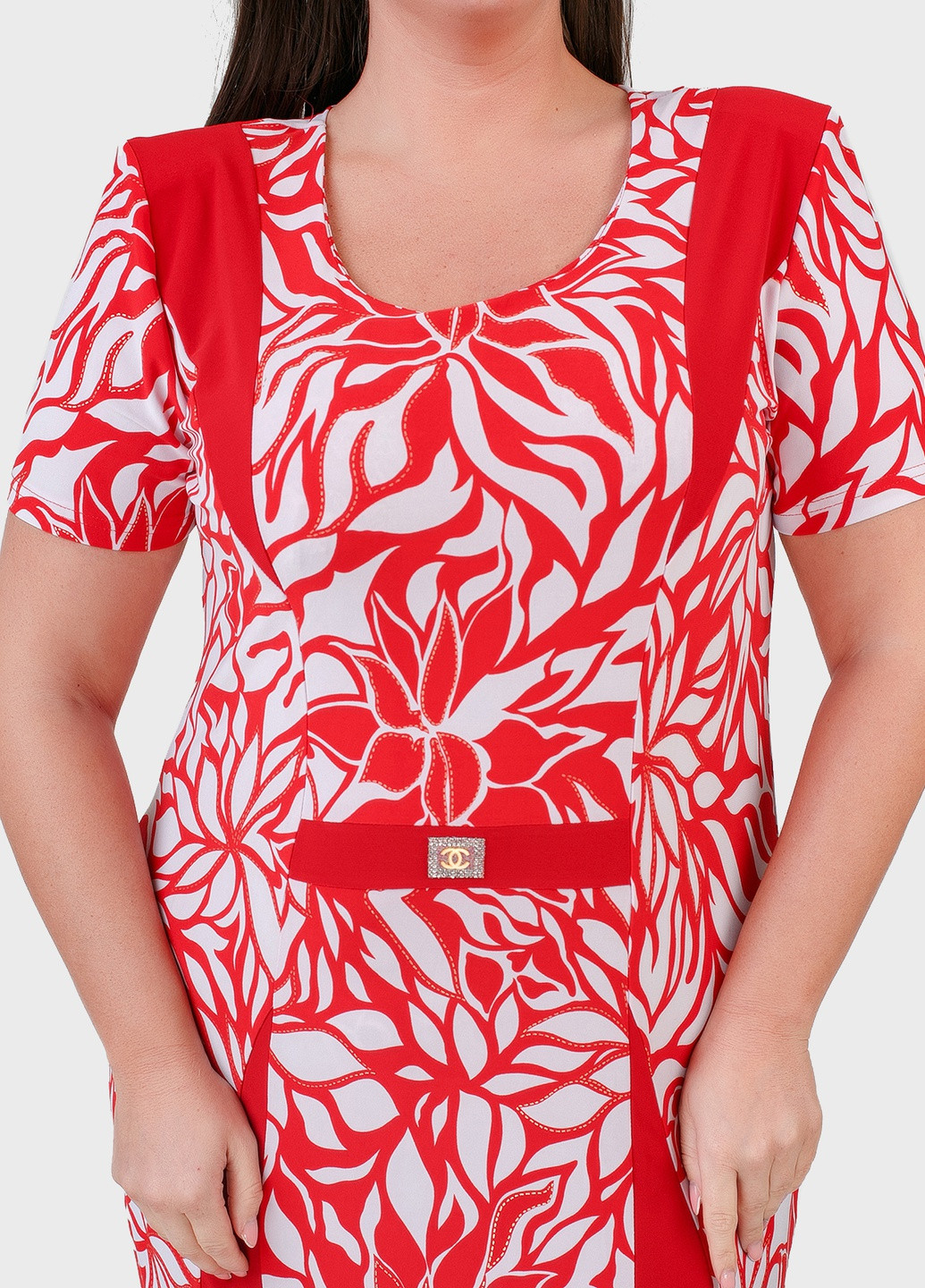 Красное кэжуал платье трикотажное с цветочным принтом красное + белый art 00050 BABOCHKA XL Collection с цветочным принтом