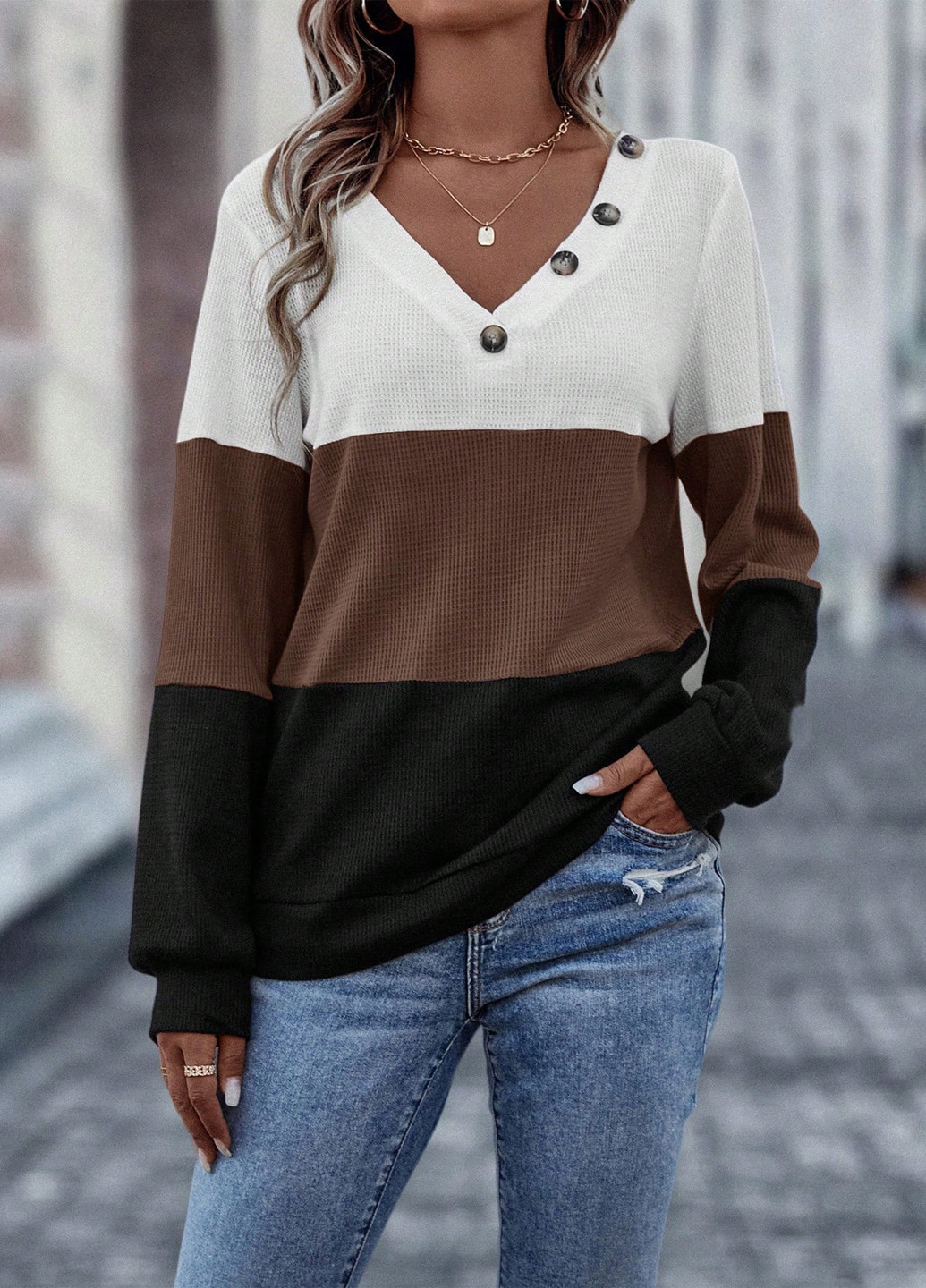 Коричневий світшот SHEIN колор блок гудзики (353322220)