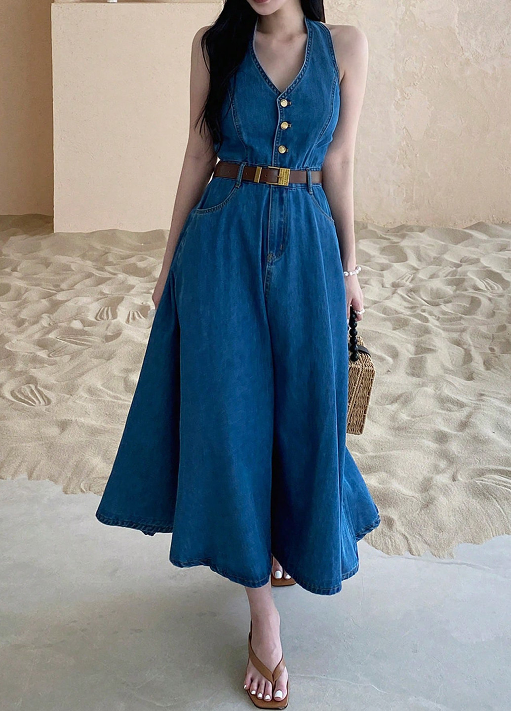 Темно-синя джинсова, кежуал сукня кльош SHEIN однотонна