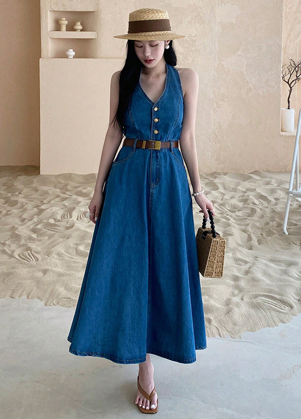 Темно-синя джинсова, кежуал сукня кльош SHEIN однотонна