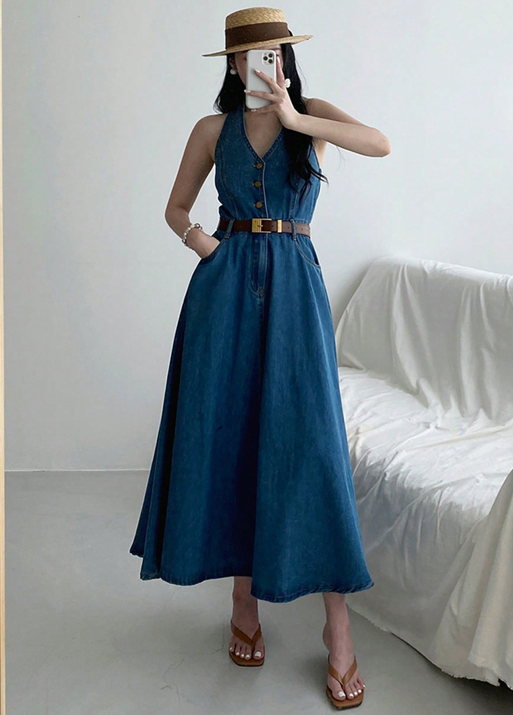 Темно-синя джинсова, кежуал сукня кльош SHEIN однотонна