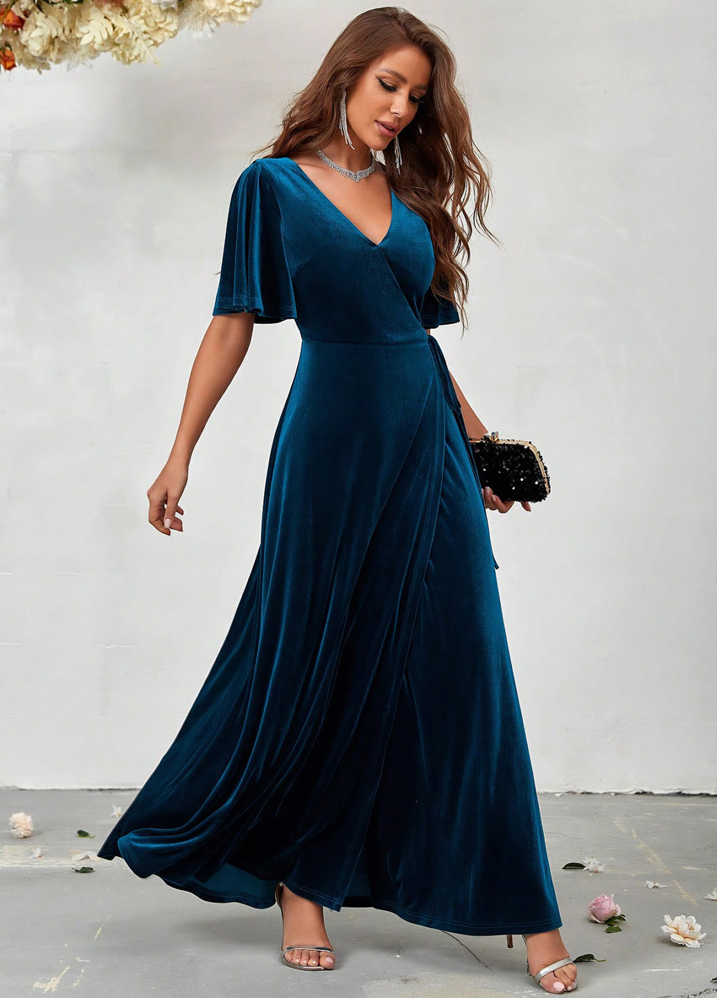 Индиго вечернее платье клеш, на запах SHEIN однотонное