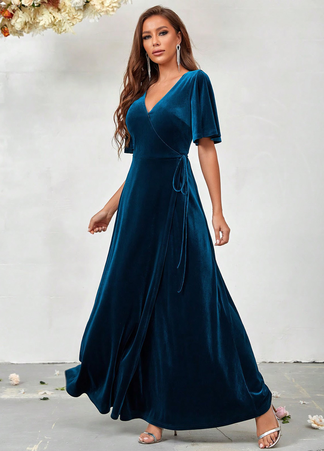 Индиго вечернее платье клеш, на запах SHEIN однотонное