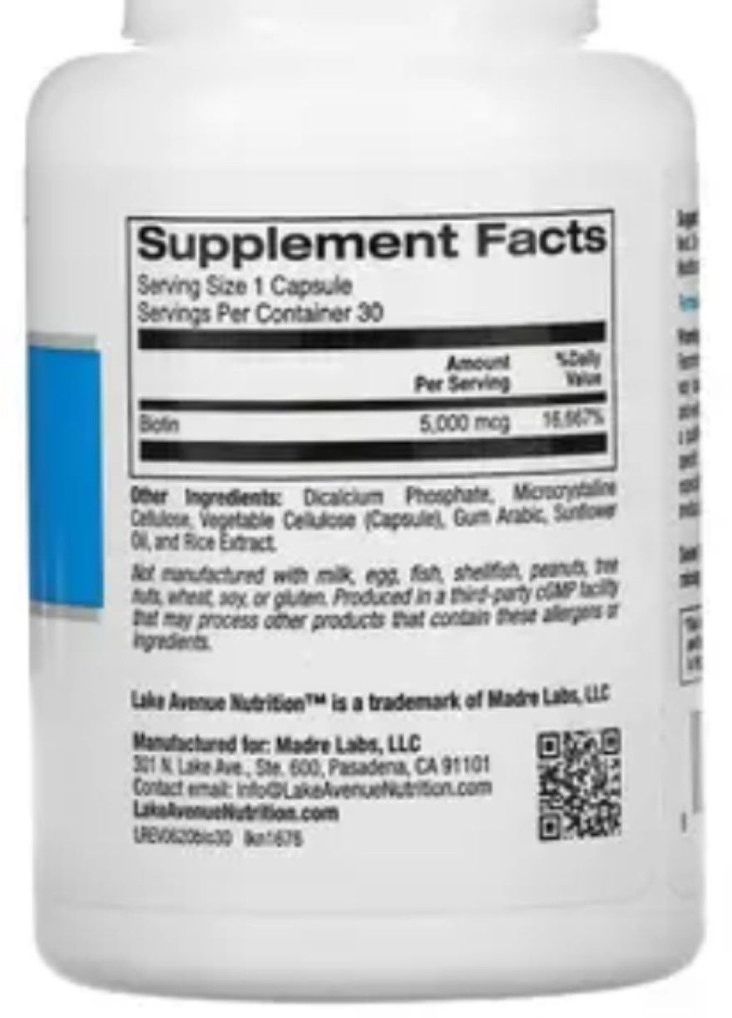 Біотин Biotin, 5,000 mcg, 30 Veggie Capsules Lake Avenue Nutrition (254551881)