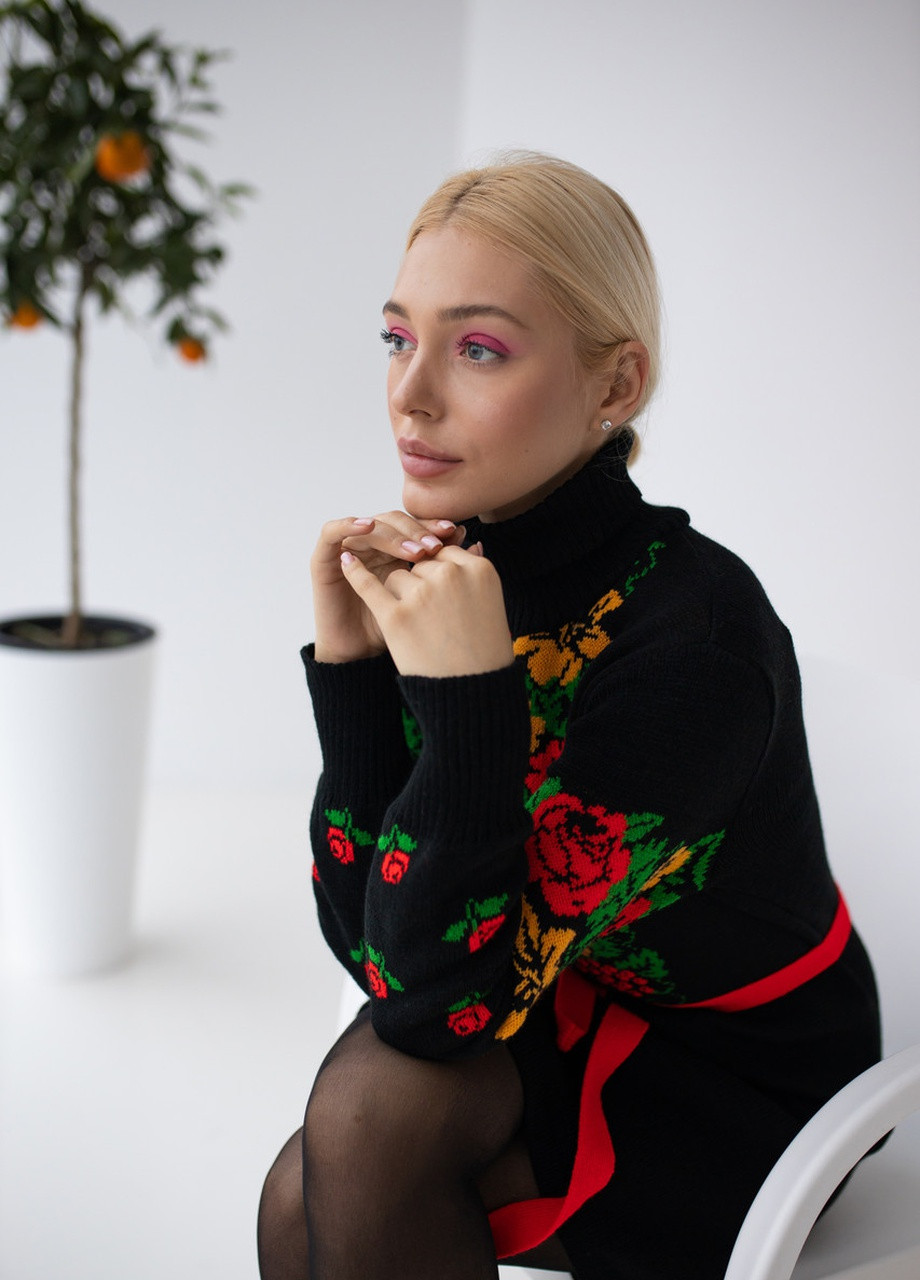 Черное повседневный вязаное женское платье рябина MEREZHKA с орнаментом