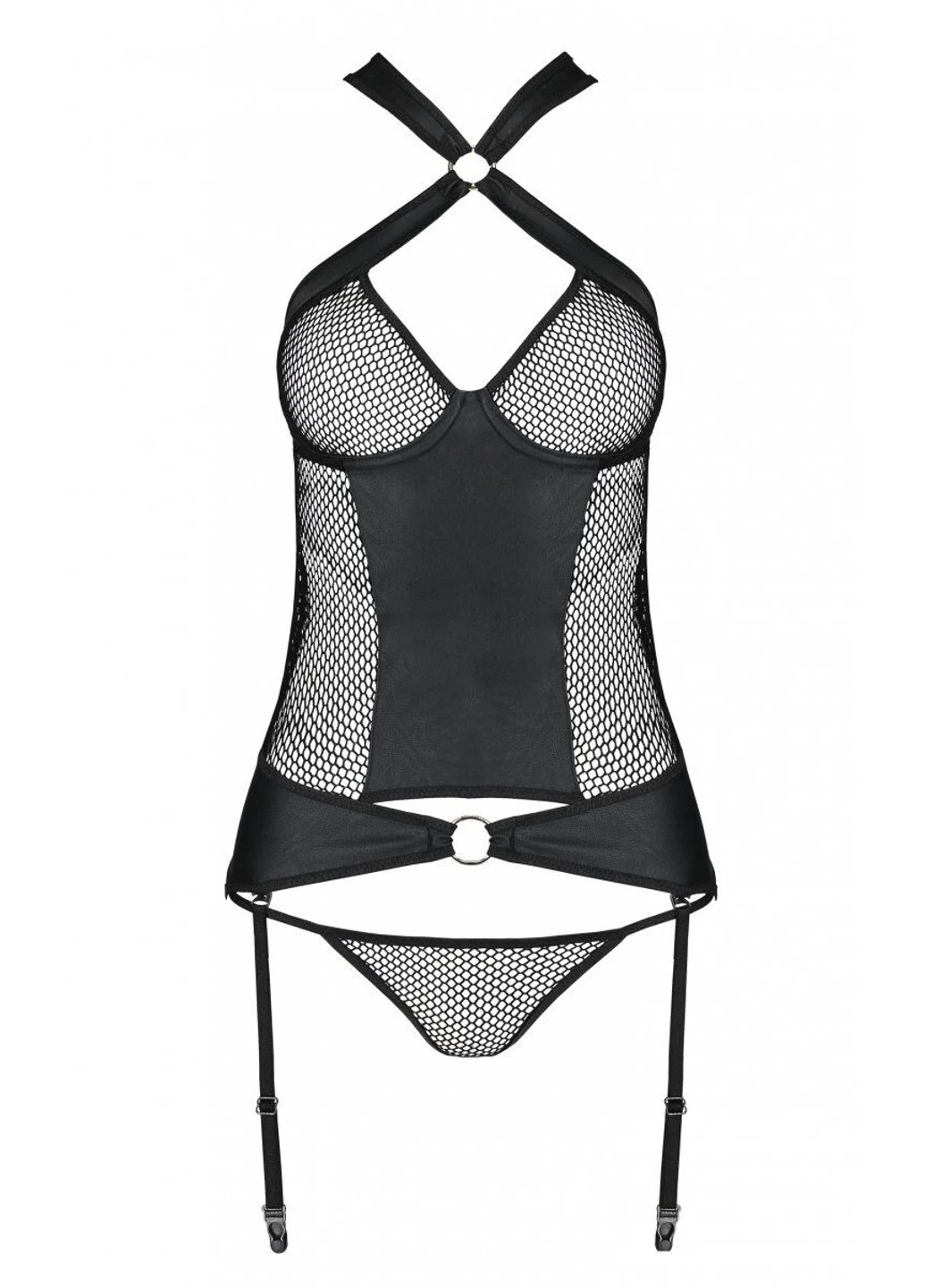 Сетчатый комплект корсет с халтером, съемные подвязки и трусики Amanda Corset black L/XL - Passion (255457834)