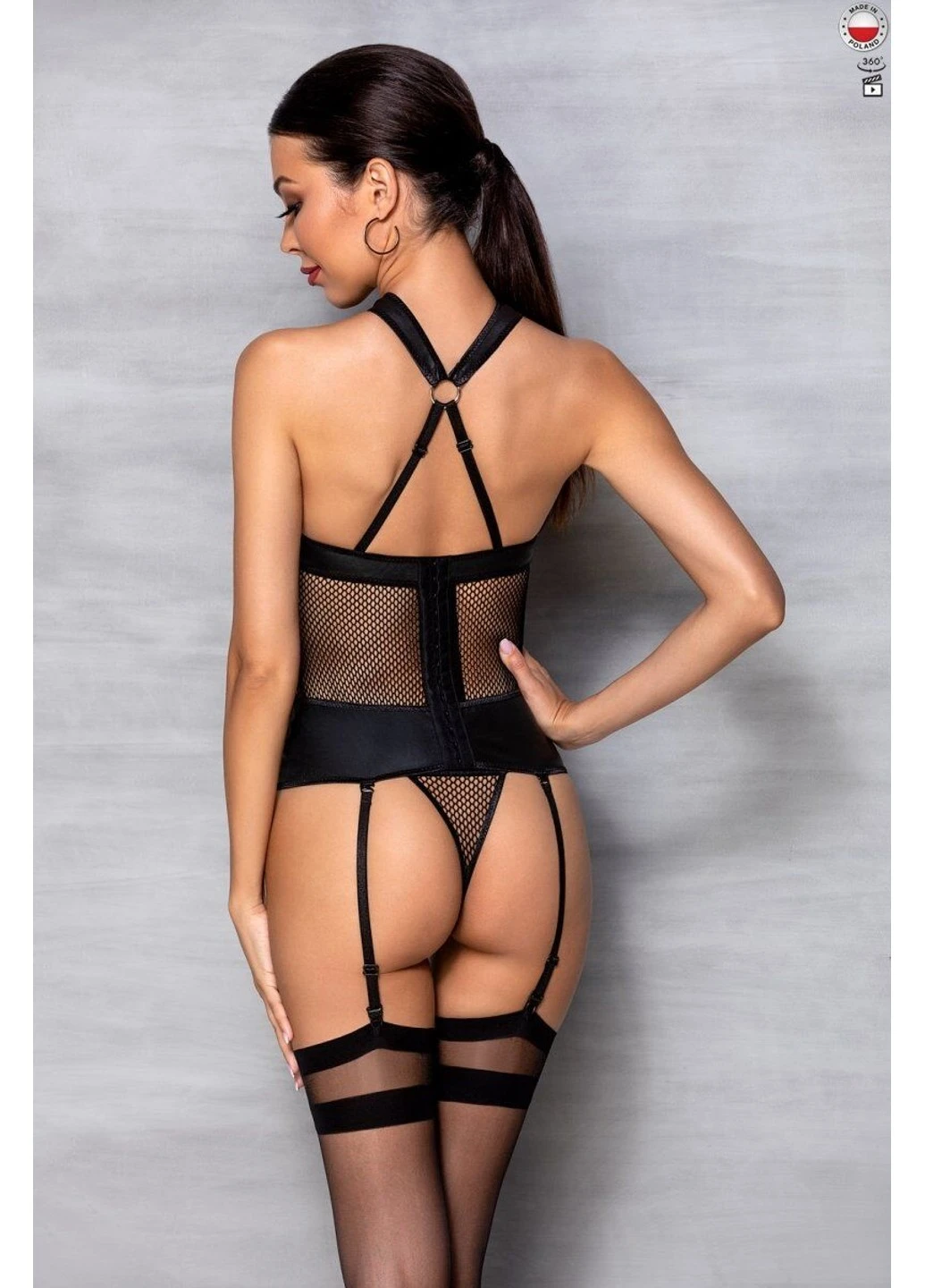 Сетчатый комплект корсет с халтером, съемные подвязки и трусики Amanda Corset black L/XL - Passion (255457834)