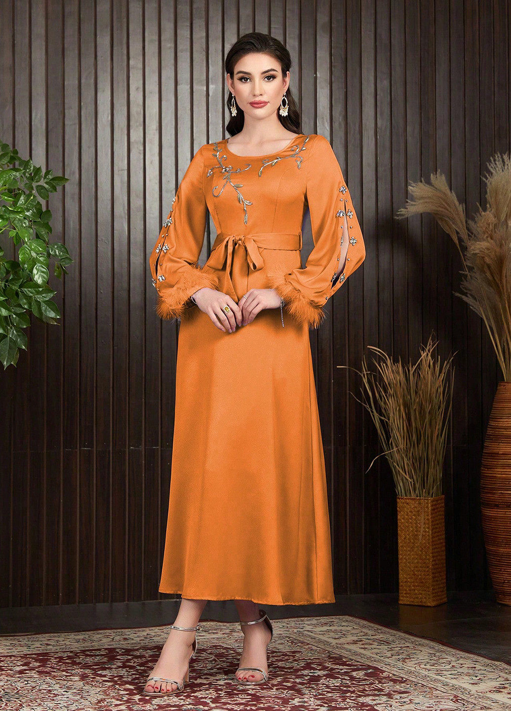 Оранжевое праздничный платье клеш, а-силуэт SHEIN однотонное