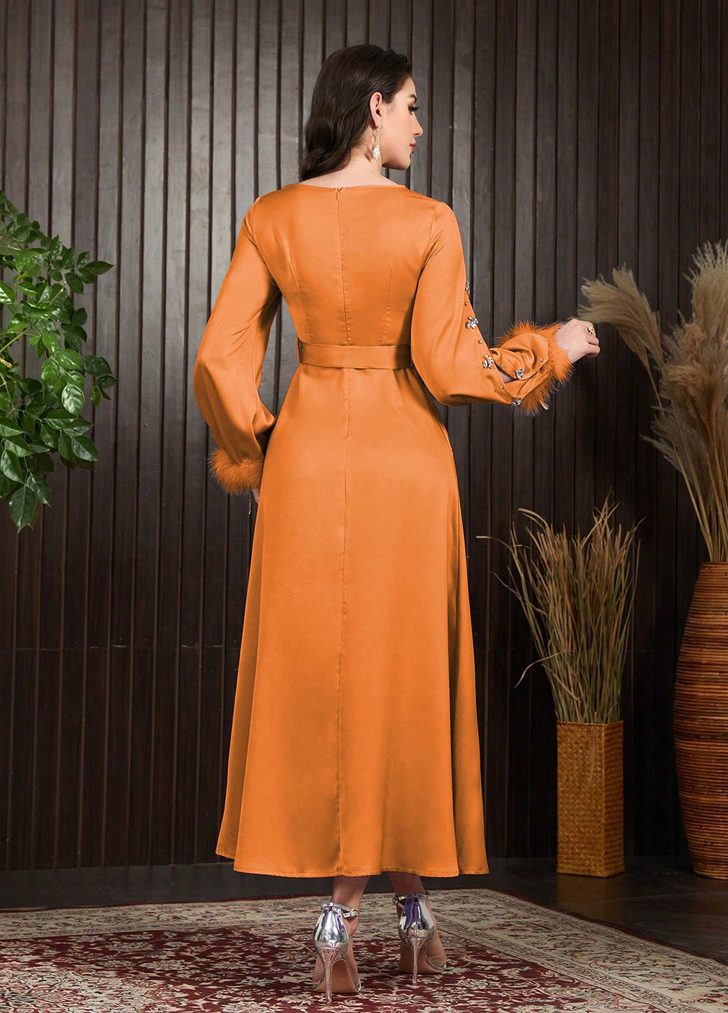 Оранжевое праздничный платье клеш, а-силуэт SHEIN однотонное