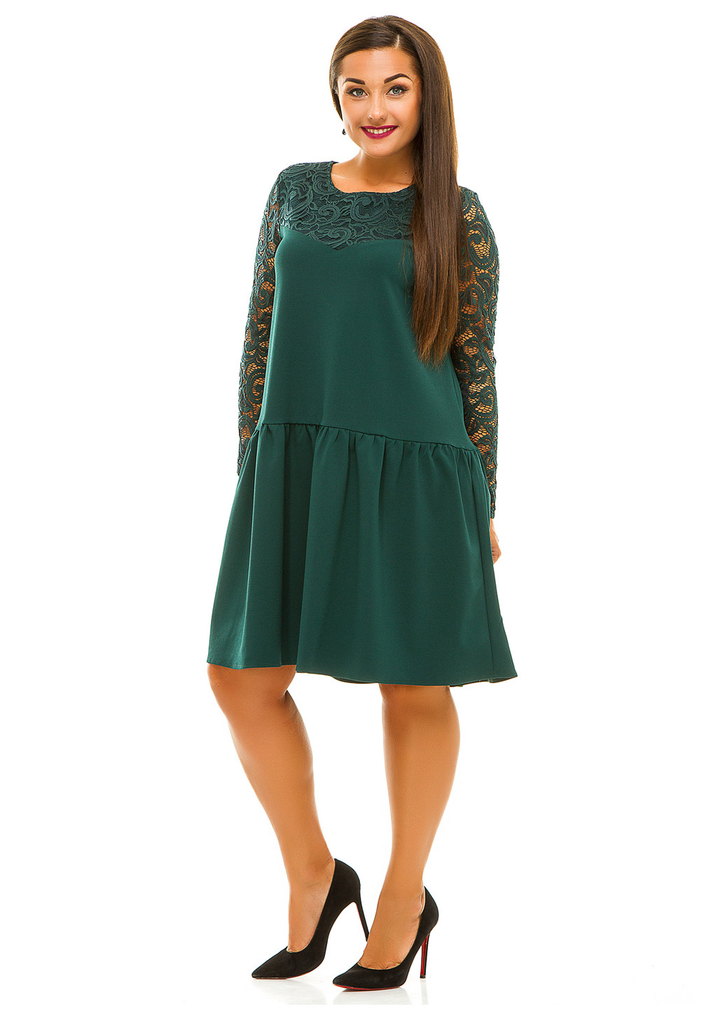 Темно-зеленое кэжуал платье с длинным рукавом Lady Style
