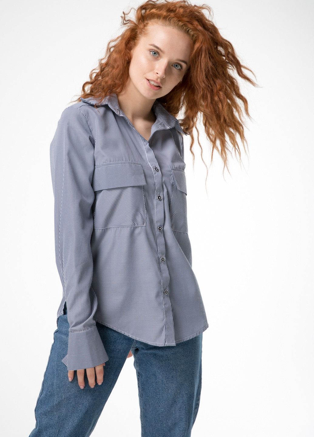 Синяя демисезонная классическая женская рубашка в мелкую полосочку INNOE Рубашка