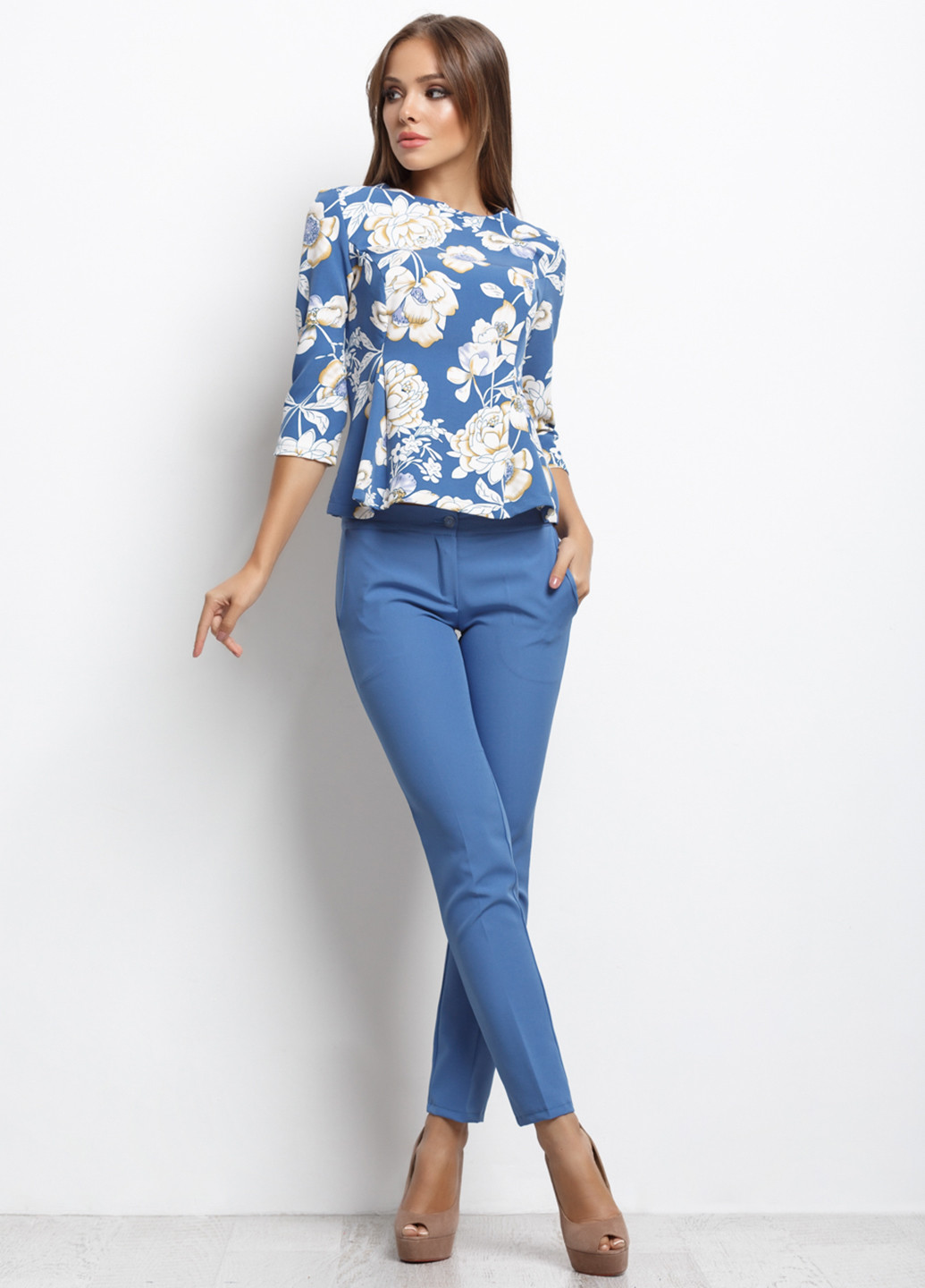 Костюм (блуза, брюки) Charm Collection брючный цветочный голубой кэжуал