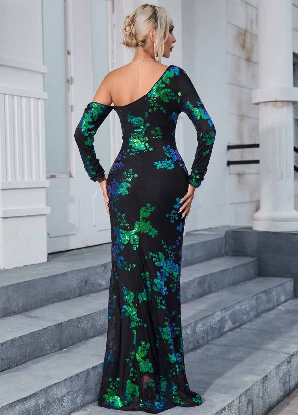 Темно-синя вечірня сукня годе, на одне плече SHEIN з квітковим принтом