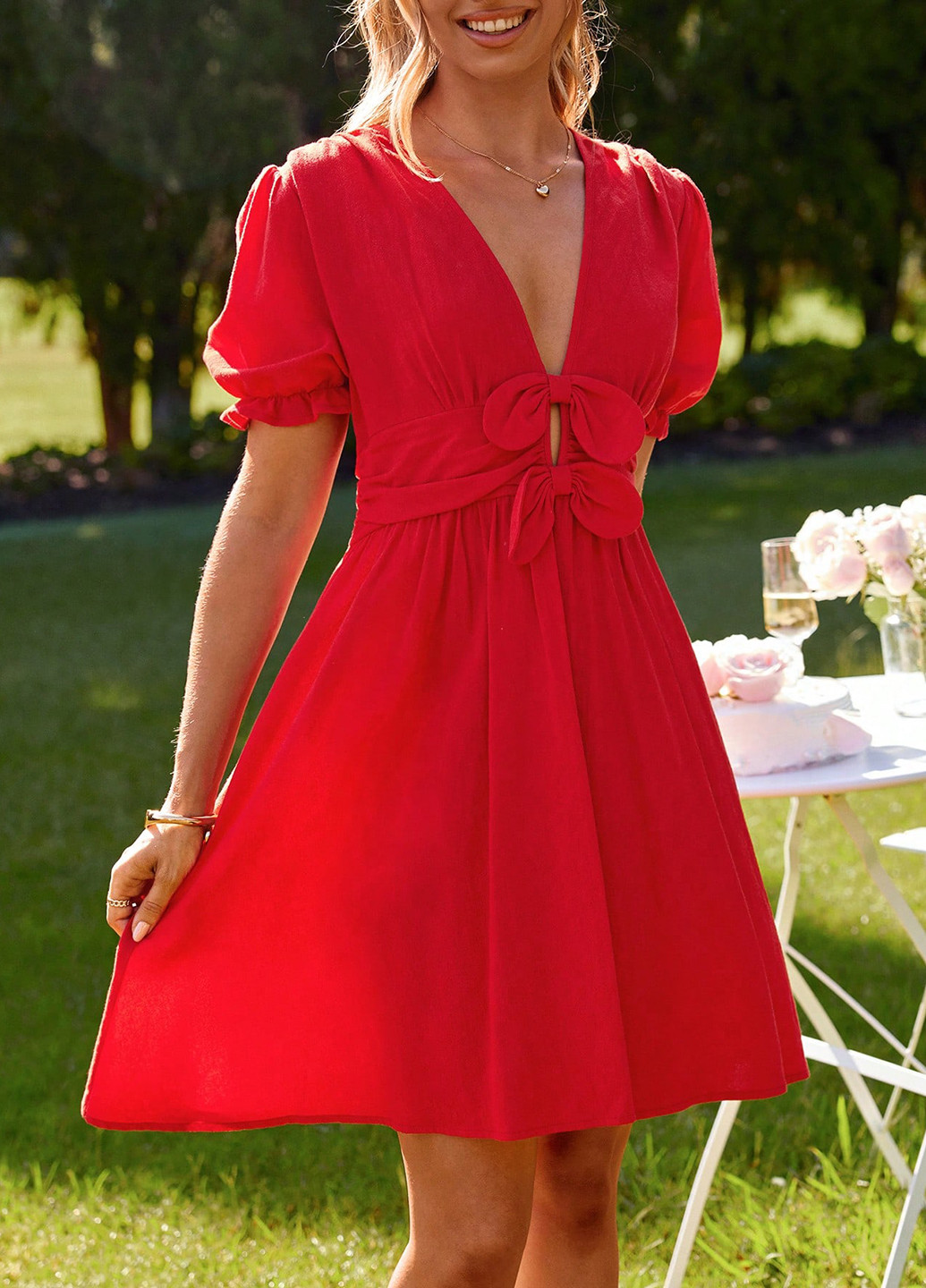 Красное кэжуал платье клеш SHEIN однотонное