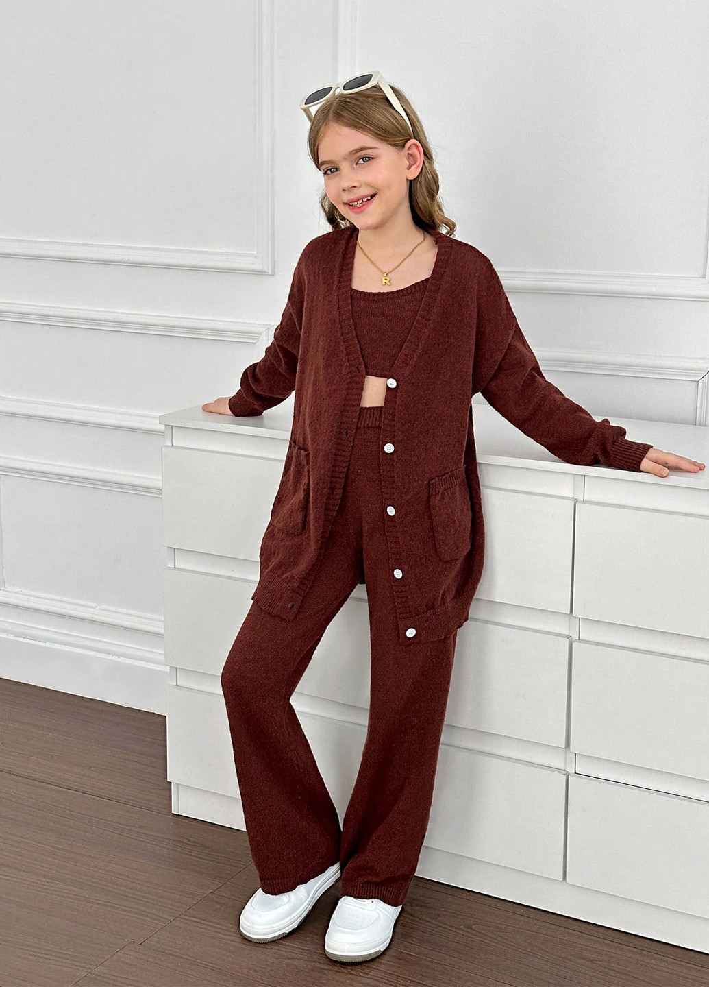 Коричневый летний костюм (кардиган, топ, брюки) SHEIN