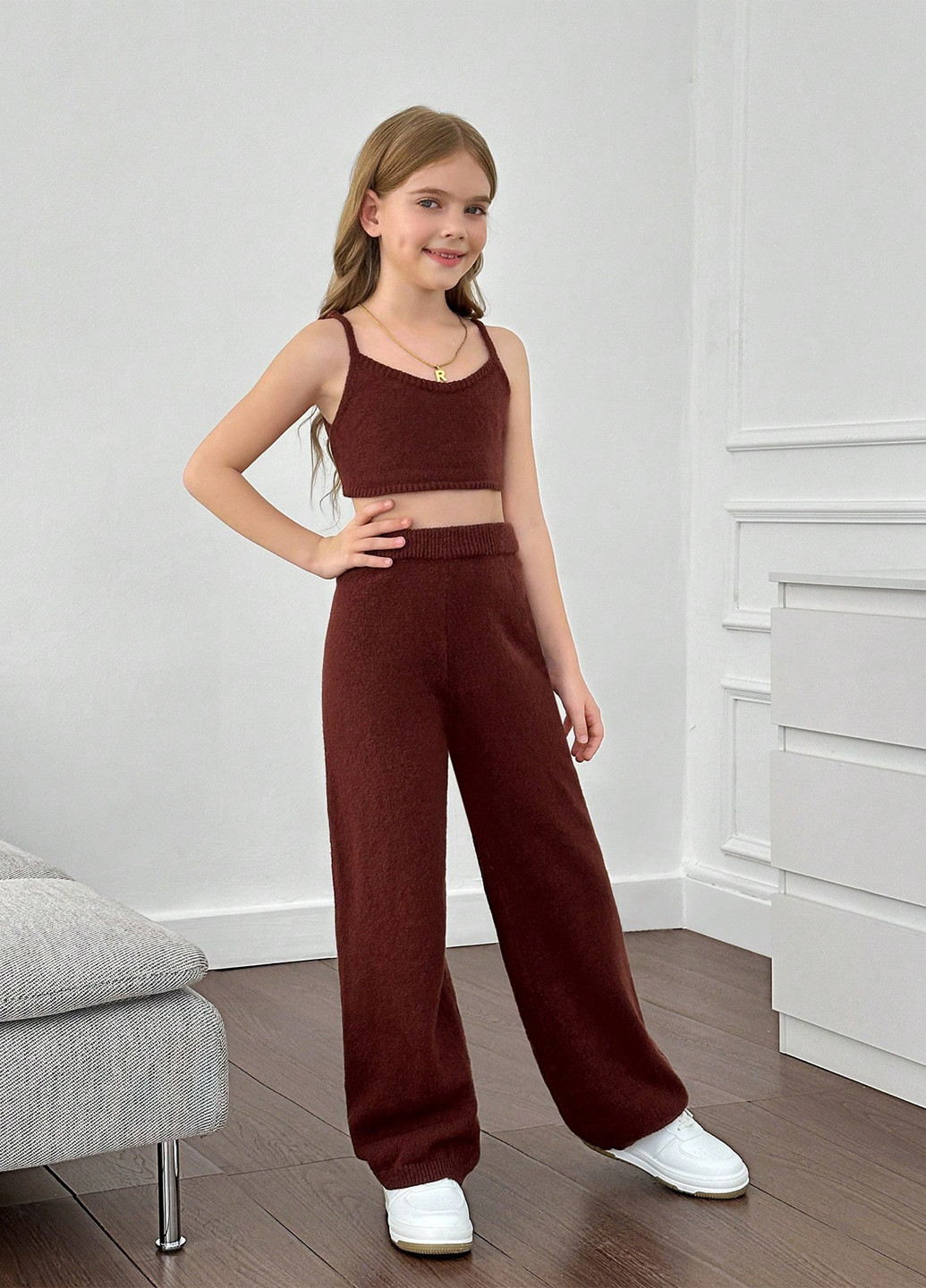 Коричневый летний костюм (кардиган, топ, брюки) SHEIN