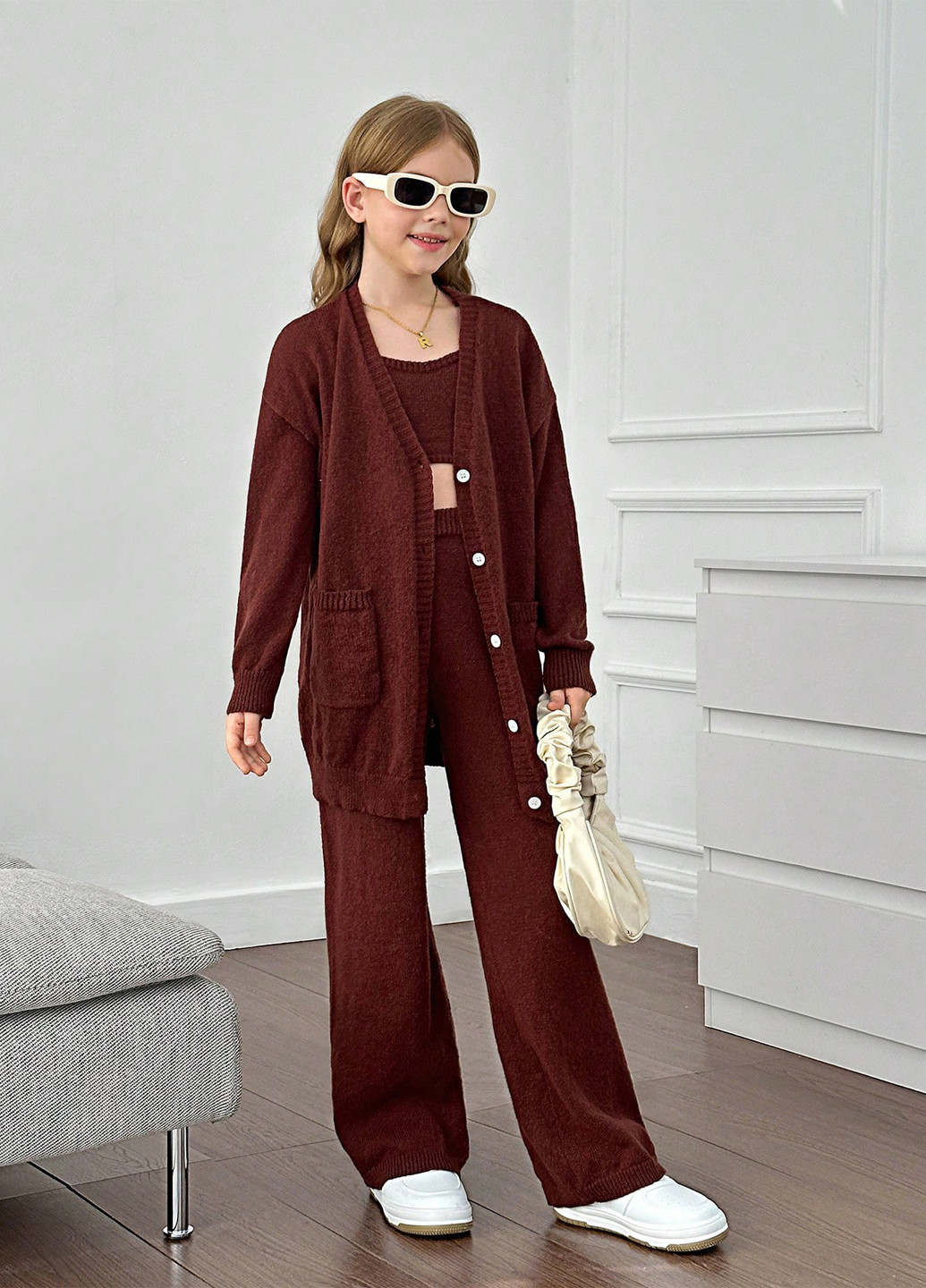 Коричневый летний костюм (кардиган, топ, брюки) SHEIN
