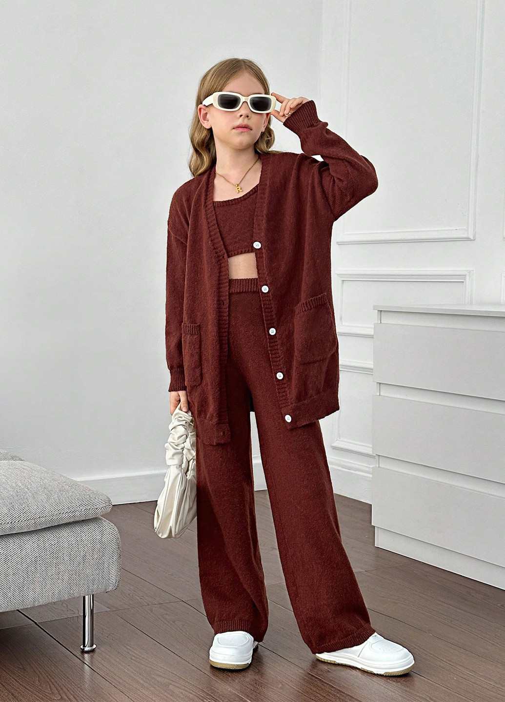 Коричневый летний костюм (кардиган, топ, брюки) SHEIN