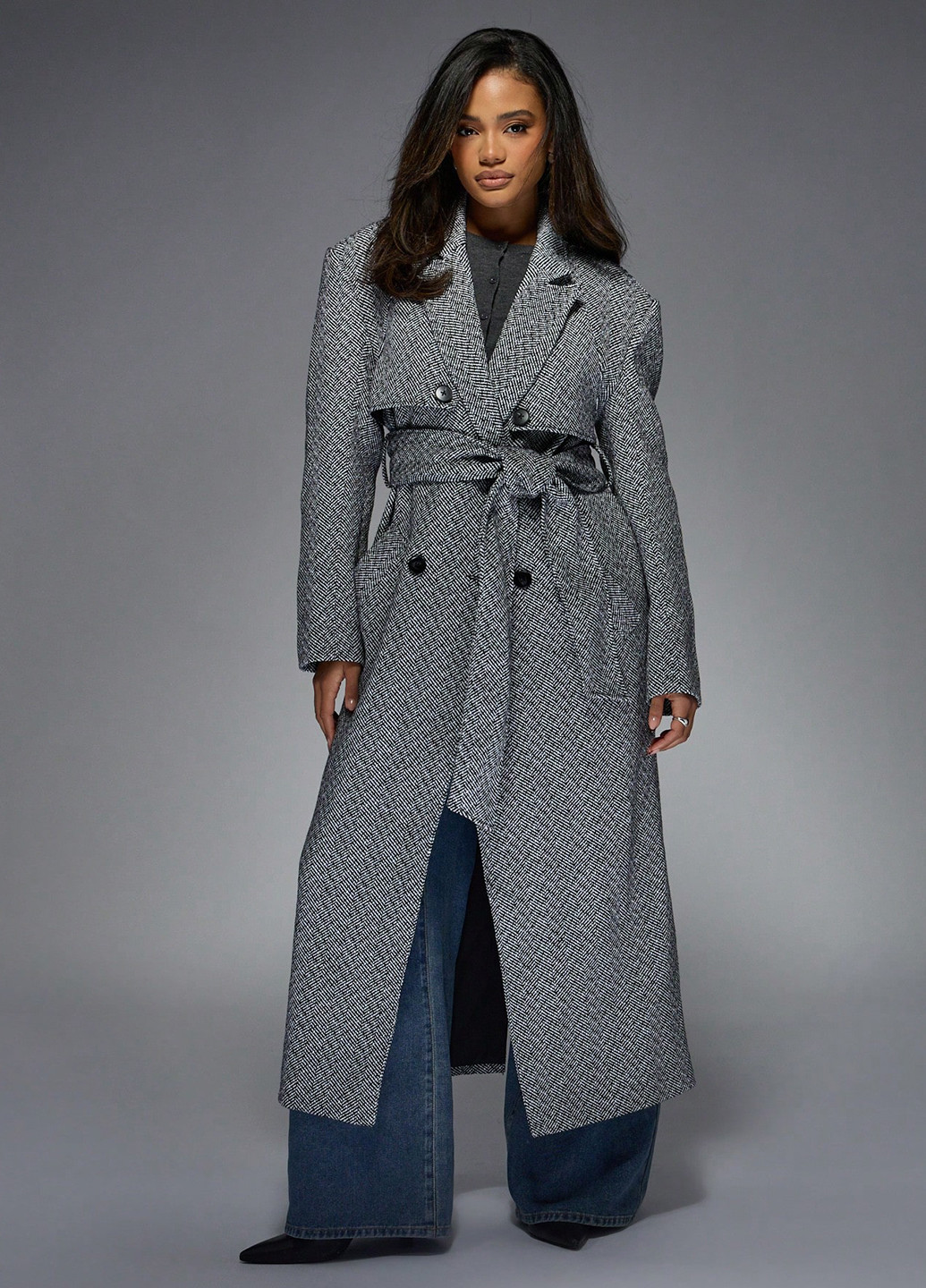 Чорно-білий демісезонне Пальто двобортне SHEIN