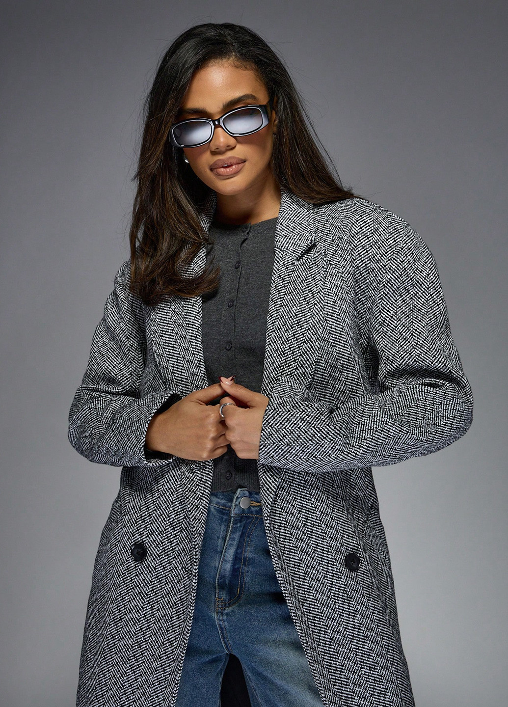 Чорно-білий демісезонне Пальто двобортне SHEIN