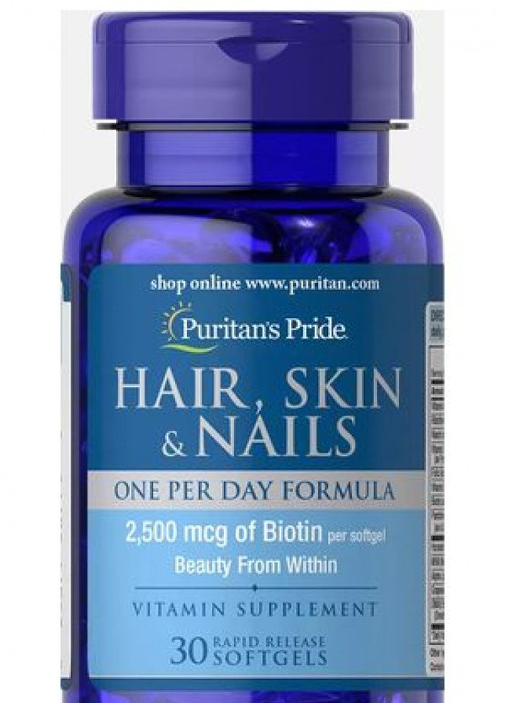 Добавка для здоров'я волосся, шкіри та нігтів Hair Skin Nails (One perday formula) 2500 mcg of Biotin 30 Softgels Puritans Pride (232599886)