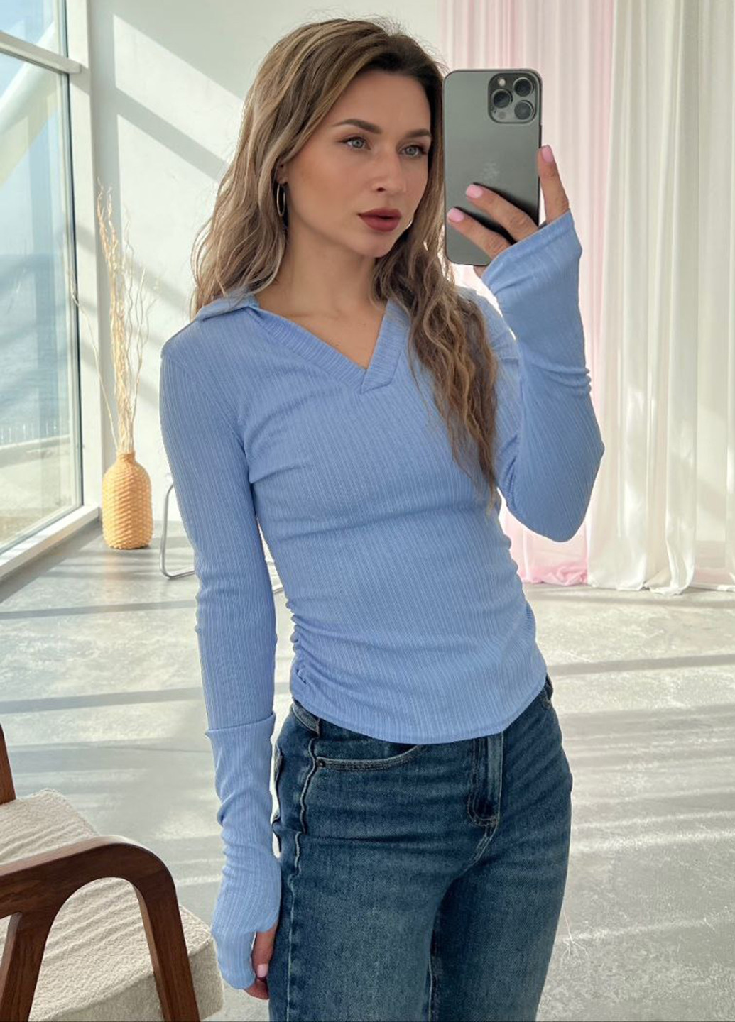 Голубой женская футболка-поло No Brand однотонная